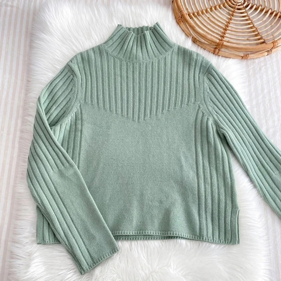 Sally Lapointe Merino Wool Cashmere Rib Sweater Turtleneck Jade Sage Green L - Picture 5 of 11